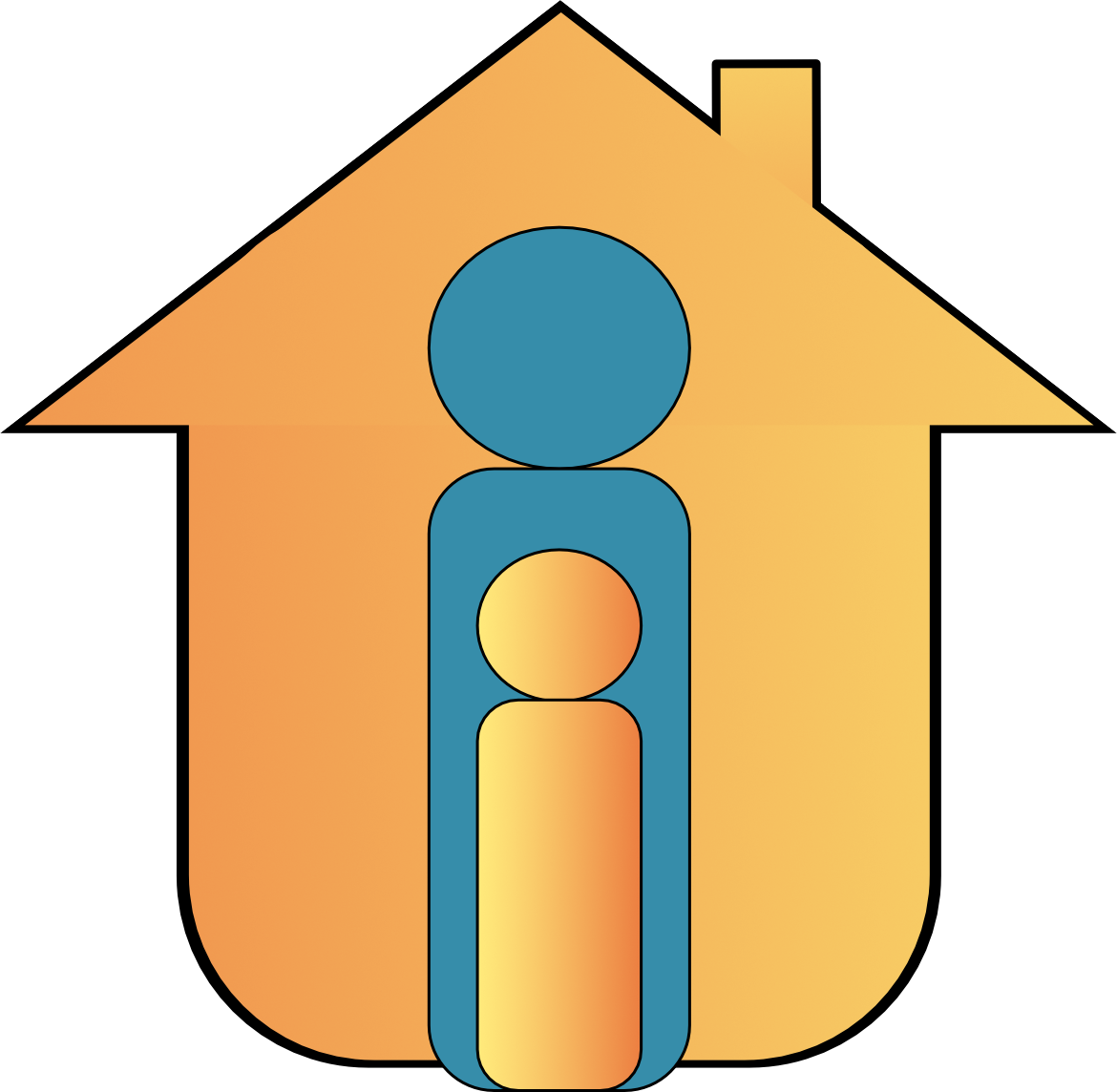 Web icon graphic as the outline of 1 adult and a child in front of a house yellow and steel blue