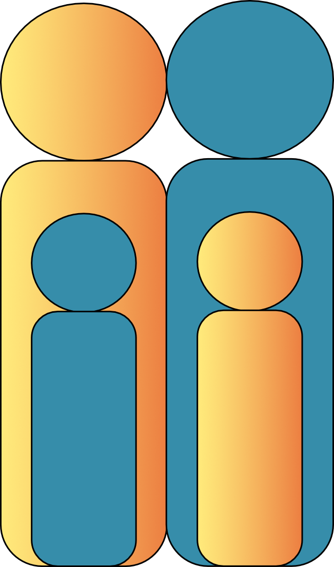 Web icon graphic as the outline of 2 adults and 2 children in yellow and steel blue